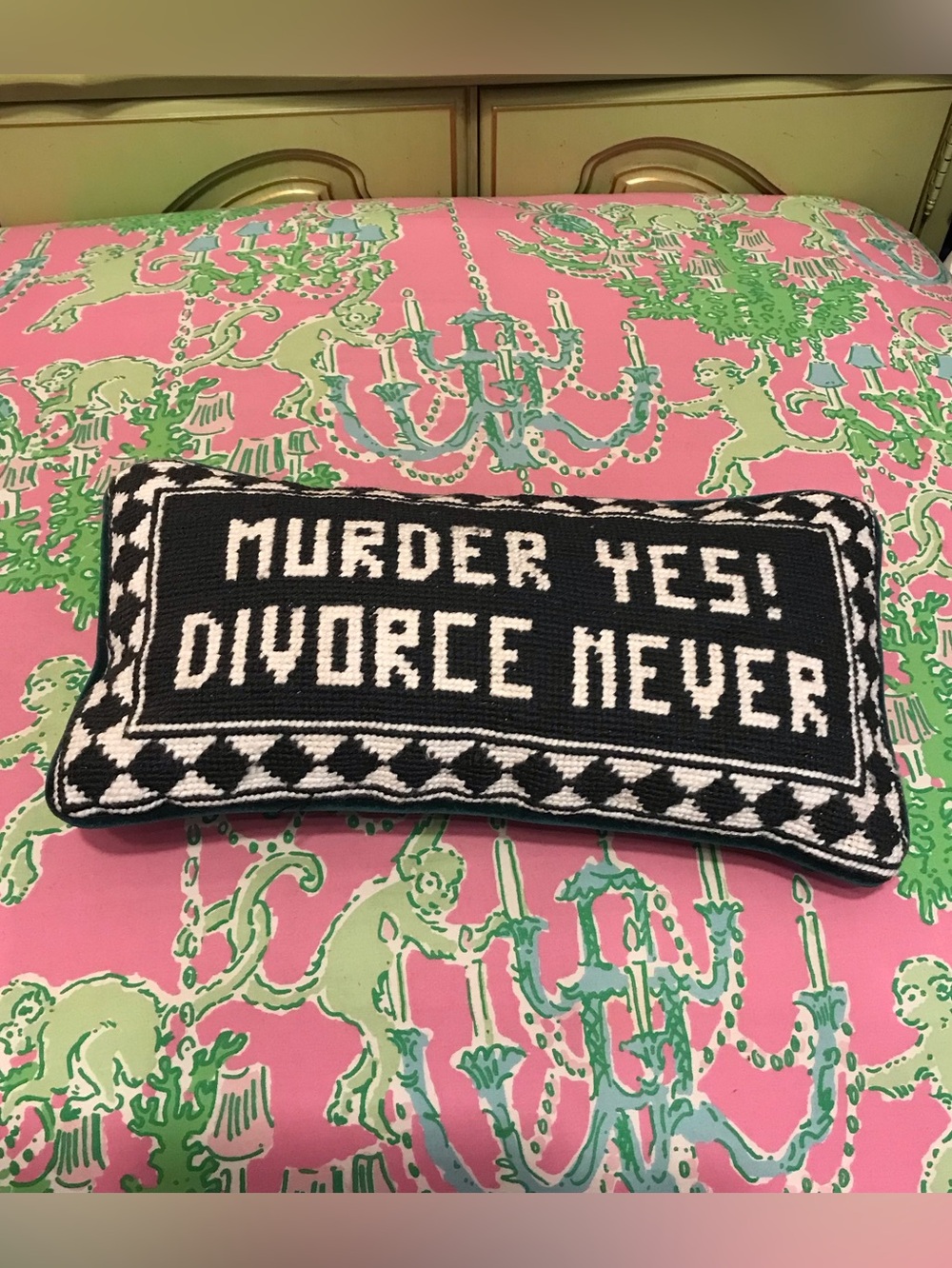 Vintage Twos Company Needlepoint Lumbar Pillow Wool Murder Yes Divorce Never